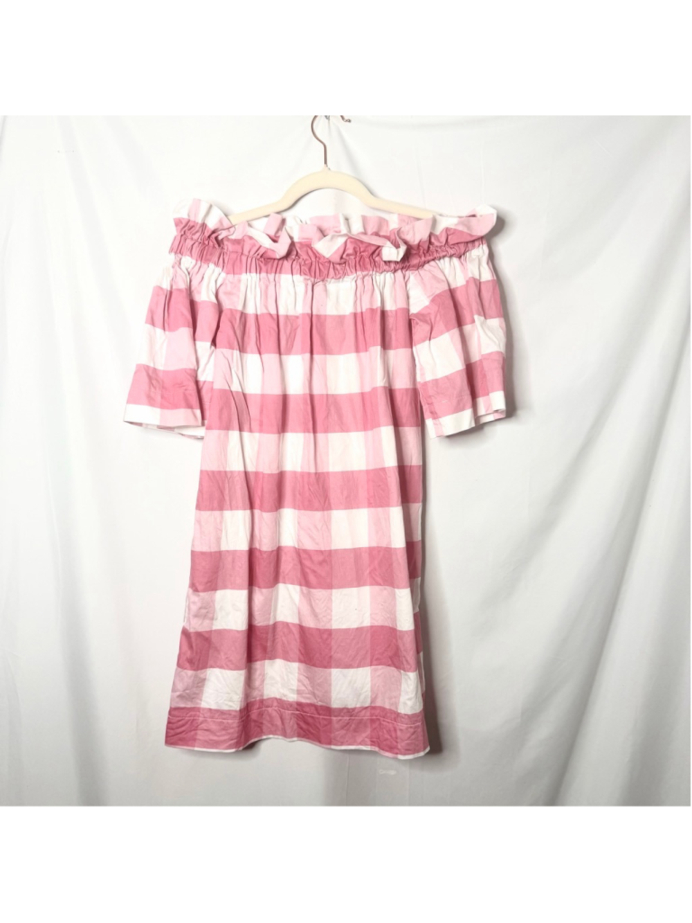 Hello Dobson Pink White Gingham Off-Shoulder Dress Small
